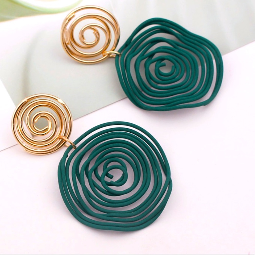 "Kendra" Asymmetrical Retro Hoop Gold Turquoise Abstract Art Geometric Earrings